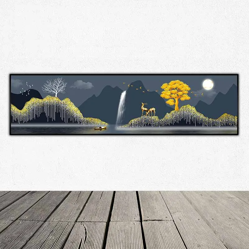 Tranh núi đồi trừu tượng, phong cảnh dòng sông, con thuyền và hai con nai