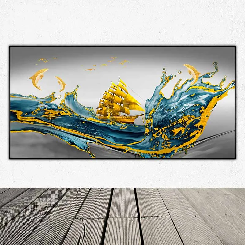 Tranh trừu tượng thuyền buồm và đàn cá heo màu vàng gold