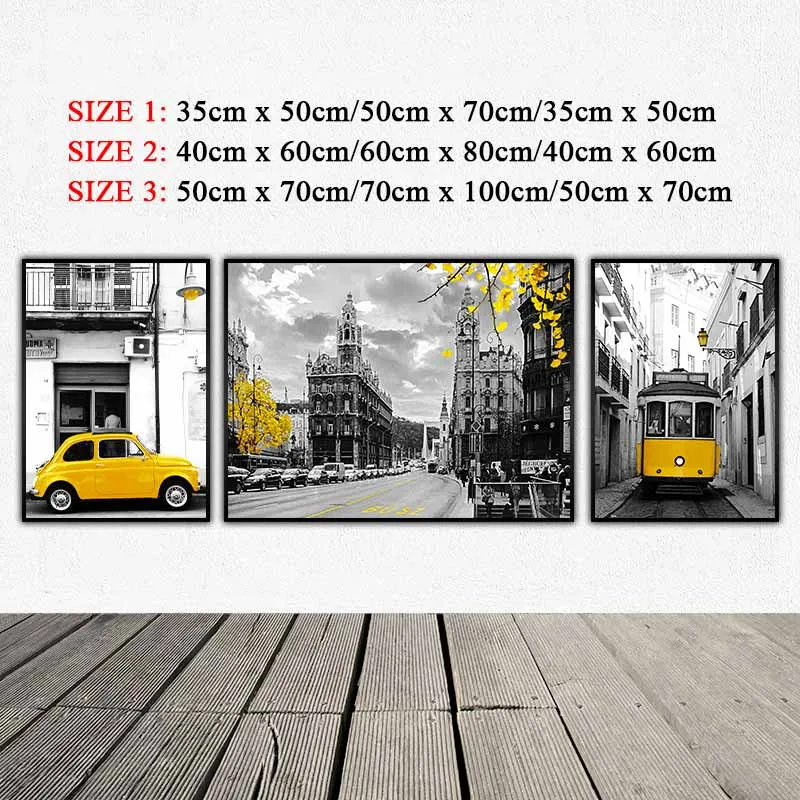 Tranh xe ô tô, xe lửa, xe vespa màu vàng trên nền phong cảnh đen trắng