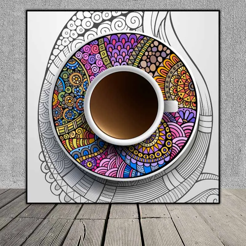 Tranh tách cà phê đặt trên đĩa trang trí hoa văn nhiều màu sắc treo quán cà phê