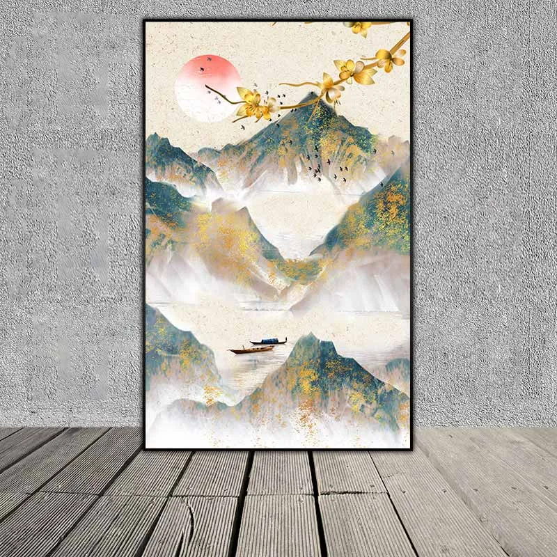 Tranh phong cảnh đồi núi và 2 con thuyền trên dòng sông