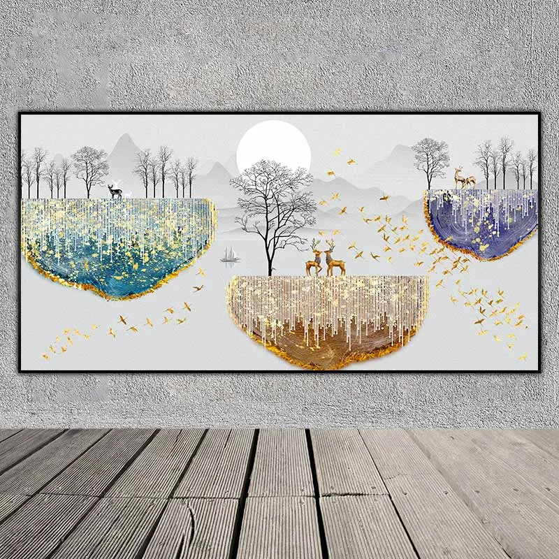 Tranh những con nai đứng trên núi trừu tượng