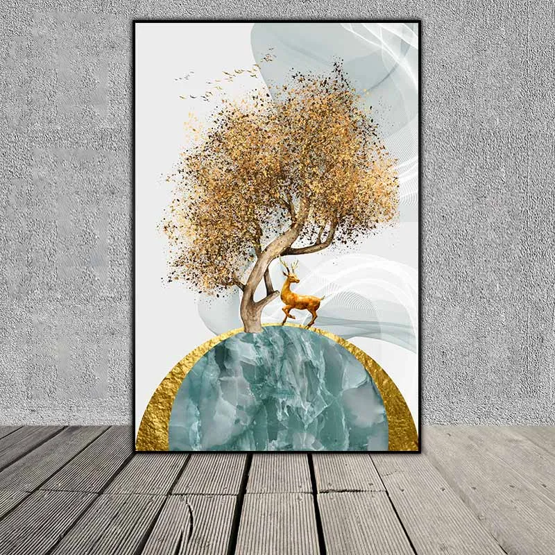 Tranh Trừu tượng cây lá vàng và nai đang đứng trên các khối hình học hình tròn và hình thoi