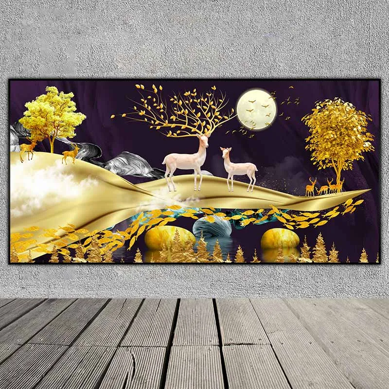 Tranh trừu tượng đàn nai có sừng đầy lá vàng, đàn cá và các tảng đá phong thủy