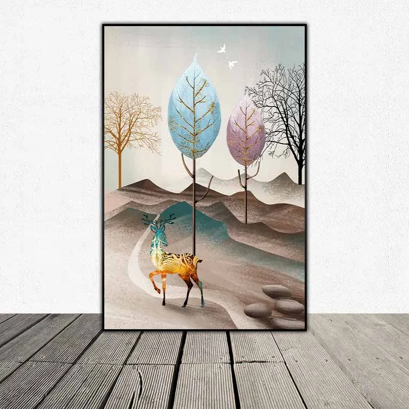 Tranh hươu nai cách điệu và rừng cây trừu tượng