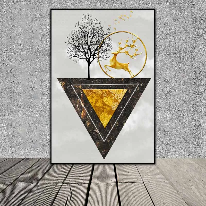 Tranh trừu tượng các khối hình học tam giác, hình tròn và đàn nai cách điệu