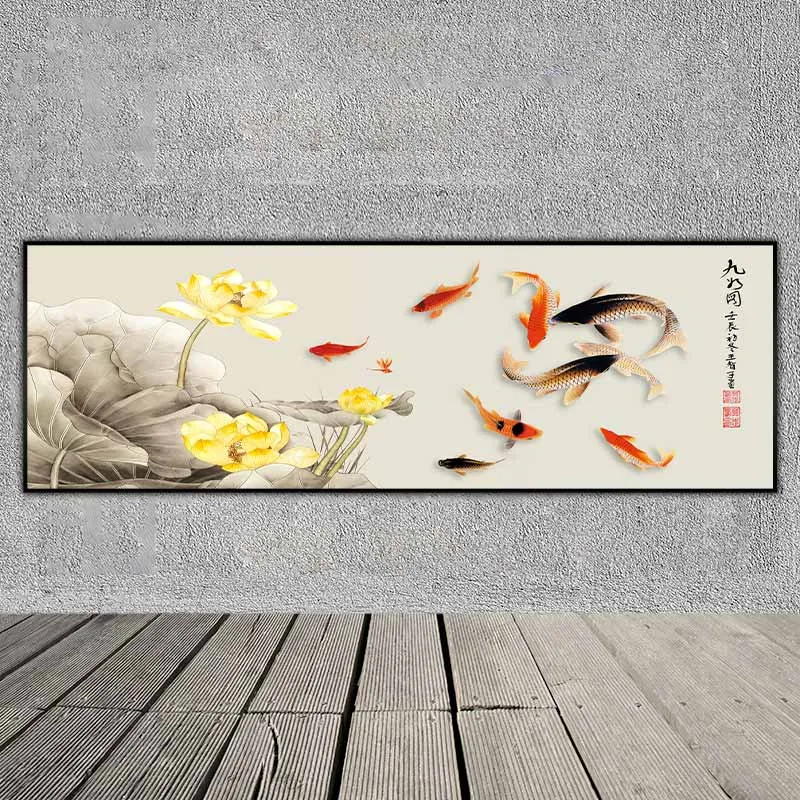 Tranh phong thủy cửu ngư và hoa sen vàng