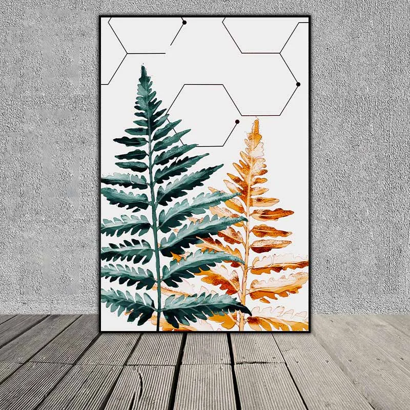 Tranh lá cây nhiệt đới lá dương xỉ và lá trầu bà