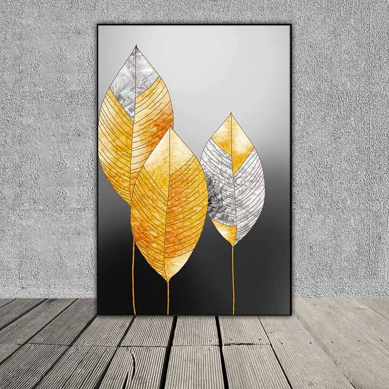 Tranh trắng đen và những chiết lá vàng trừu tượng