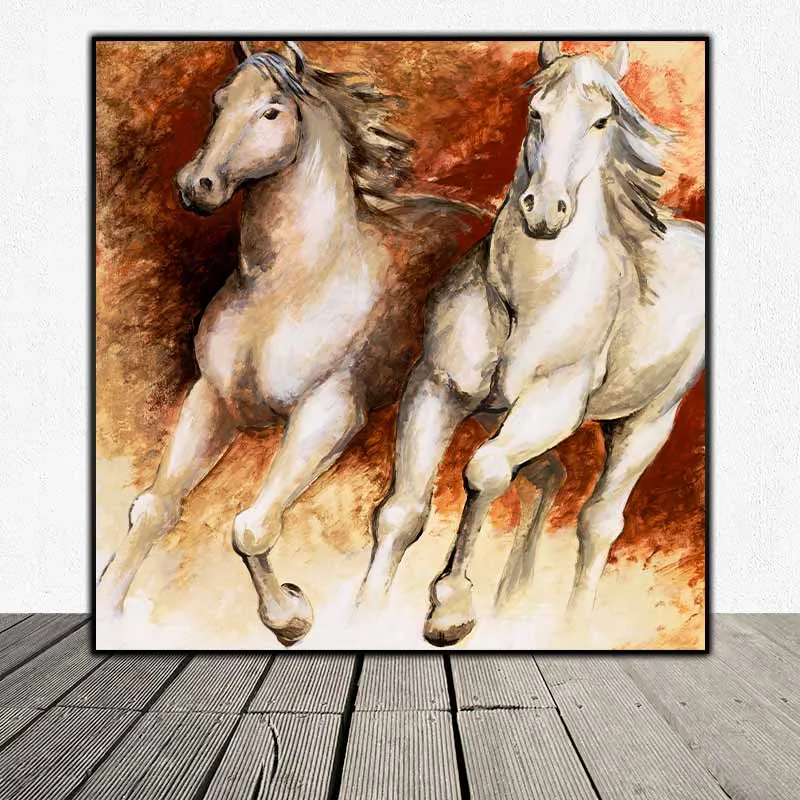 Tranh ngựa trắng đang phi nước đại với nền màu nâu loang