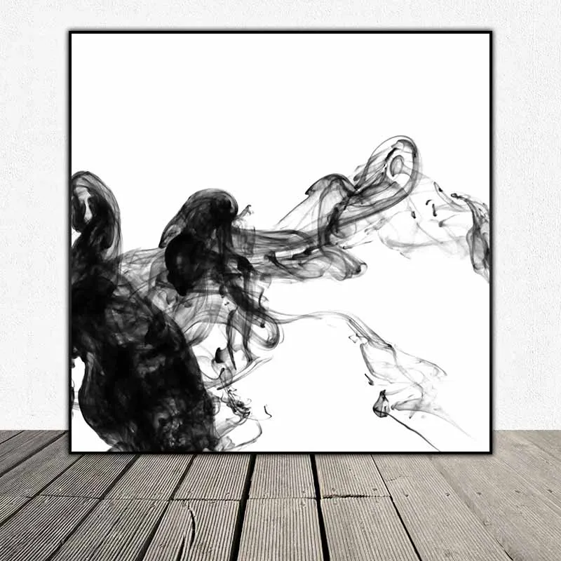 Tranh trừu tượng làn khói đen trên nền trắng, vàng và xanh lá cây