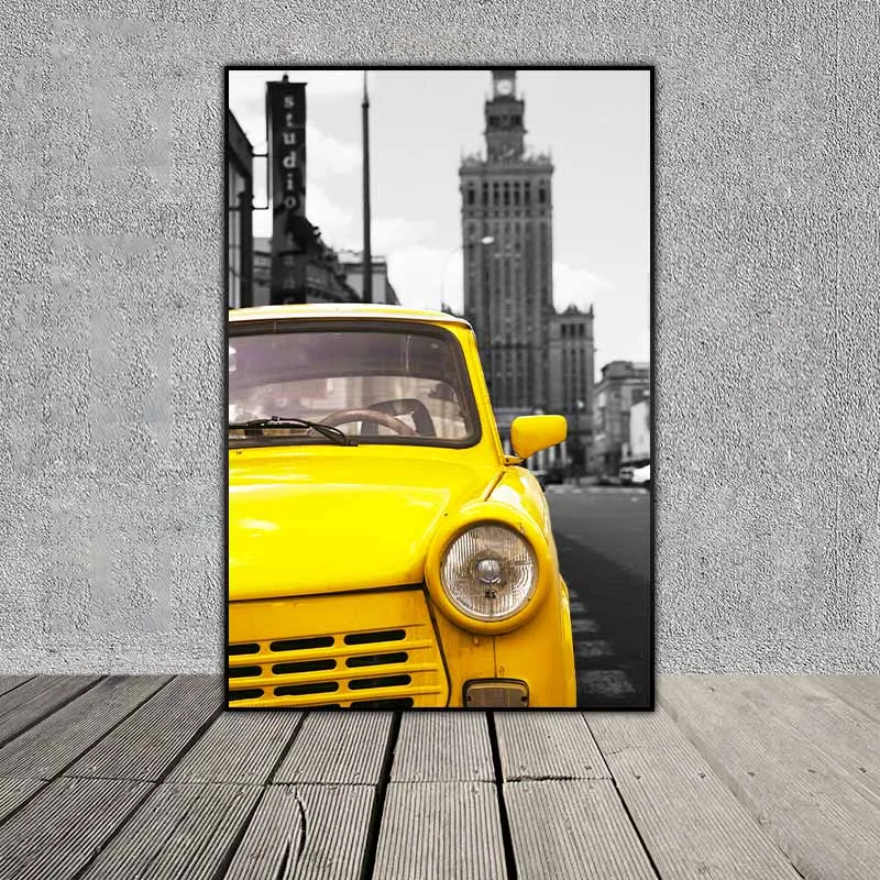 Tranh hiện đại scandinavian ô tô, vespa cổ, tàu hỏa màu vàng trên nền đen trắng