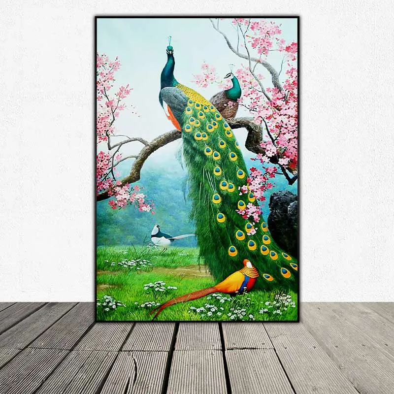 Tranh phong thủy đôi chim công đứng trên cành hoa đào