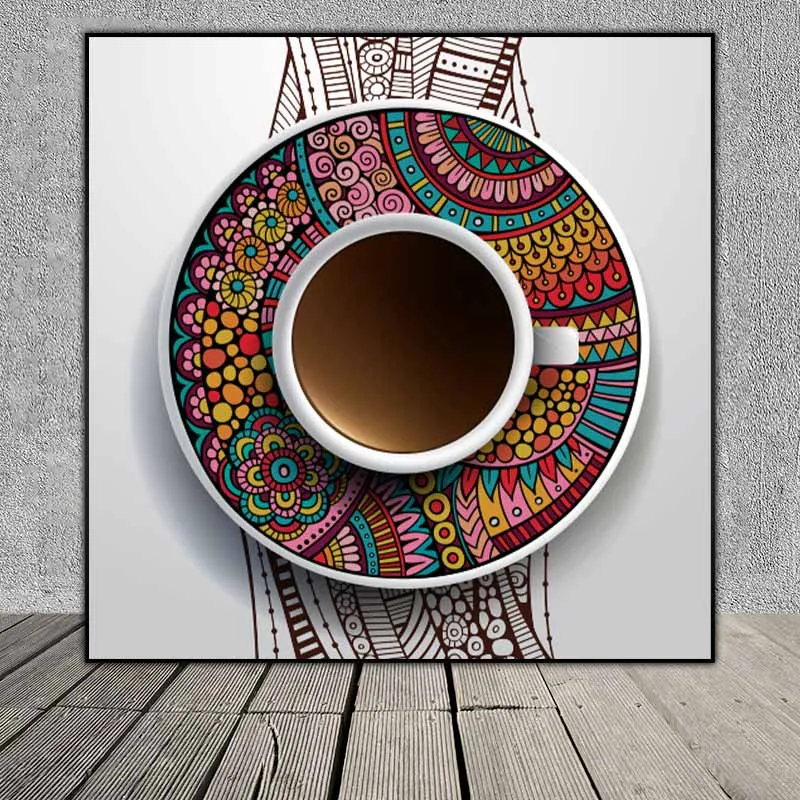 Tranh tách cà phê đặt trên đĩa trang trí hoa văn nhiều màu sắc treo quán cà phê