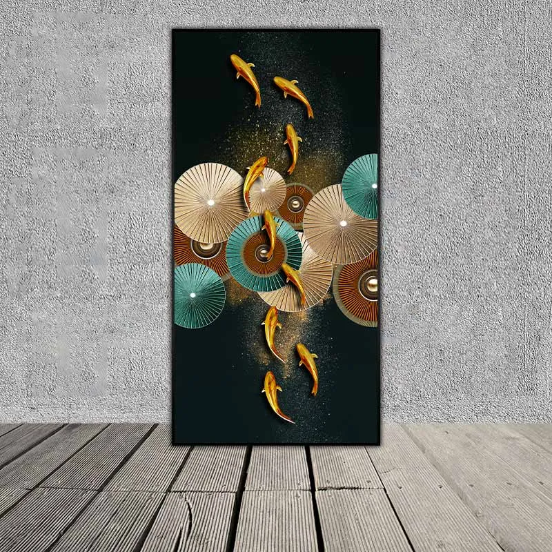 Tranh phong thủy cửu ngư và các vòng tròn lá sen trừu tượng