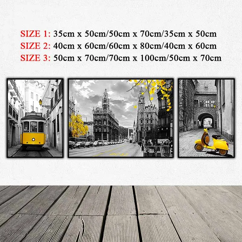 Tranh xe ô tô, xe lửa, xe vespa màu vàng trên nền phong cảnh đen trắng