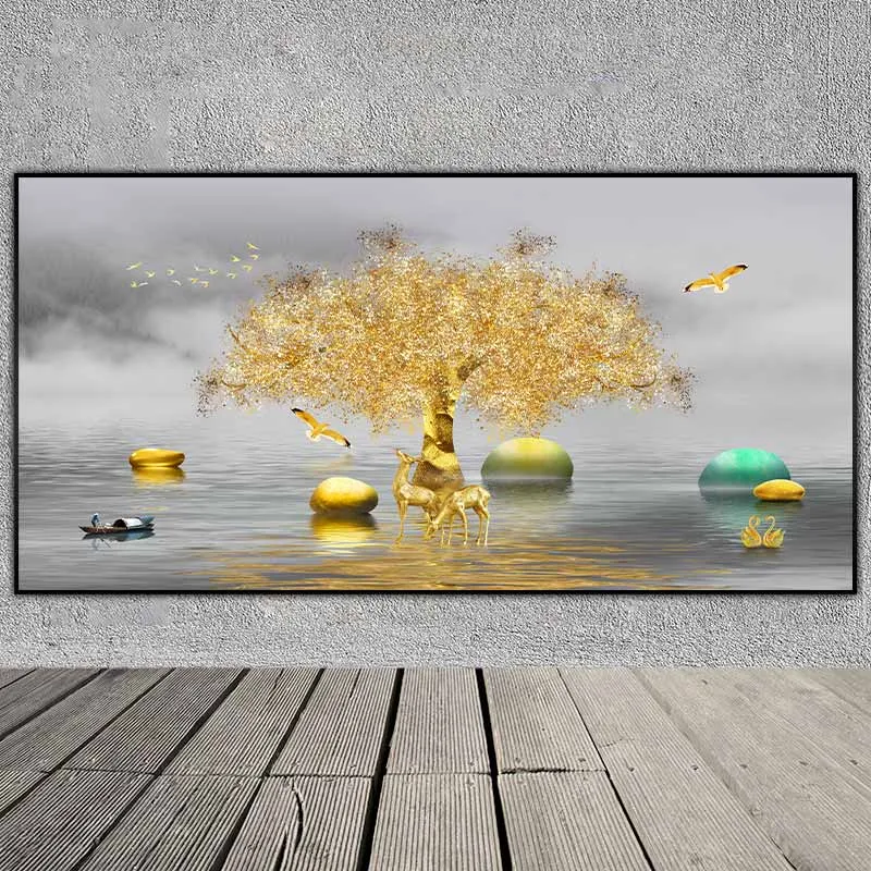 Tranh phong thủy đàn nai vàng đứng dưới cành cây lá vàng bên cạnh những tảng đá phong thủy