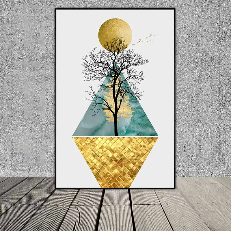 Tranh Trừu tượng cây lá vàng và nai đang đứng trên các khối hình học hình tròn và hình thoi