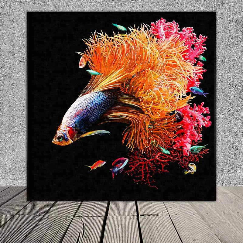 Tranh cá phướng, cá xiêm, cá đá, cá chọi, cá beta trừu tượng có đuôi là những rạn san hô