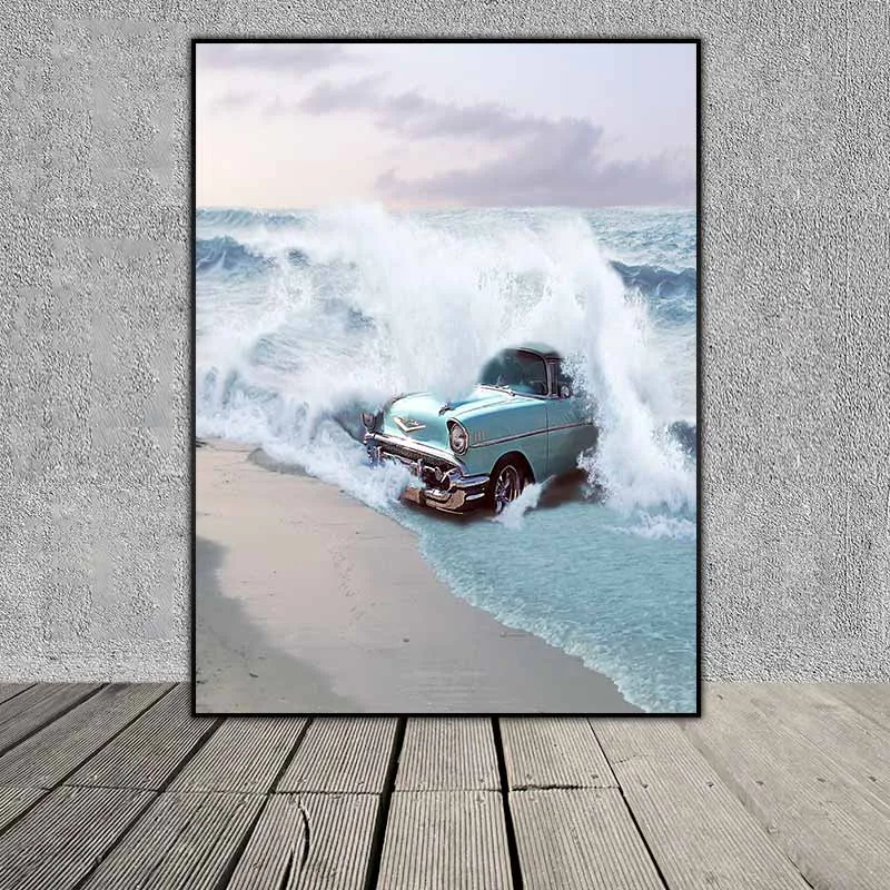 Tranh Scandinavian xe ô tô trên bãi biển, cây xương rồng và ngôi nhà trên tuyết