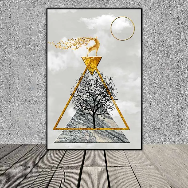 Tranh trừu tượng các khối hình học tam giác, hình tròn và đàn nai cách điệu