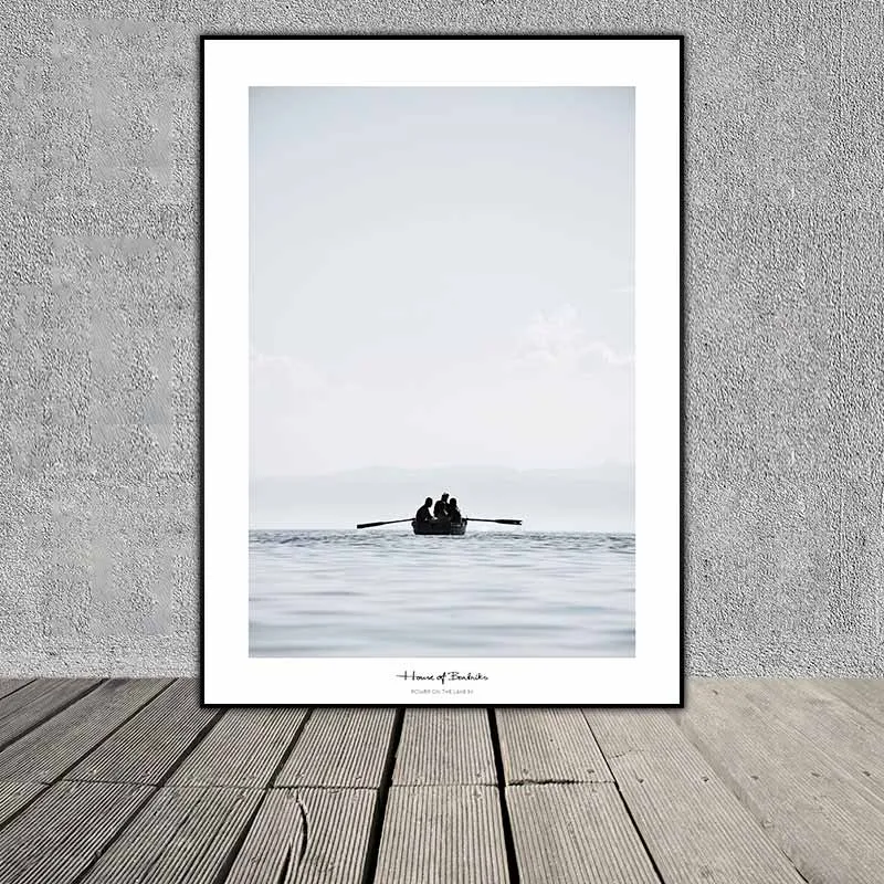 Tranh Scandinavian phong cảnh rừng, cảnh biển, con thuyền và chữ Stockholm