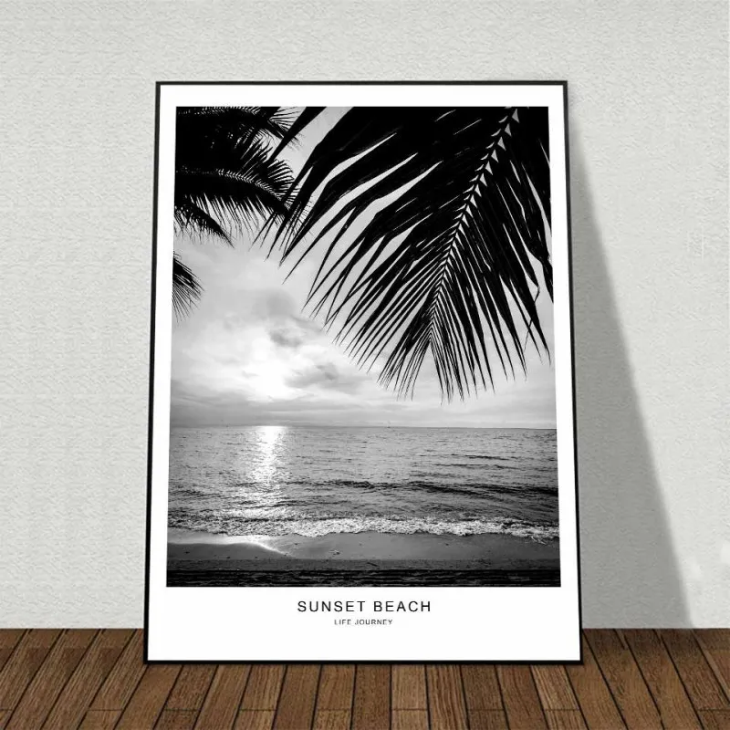 Tranh canvas phong cảnh Scandinavian biển và lá dừa kết hợp với chữ collect moments, not things