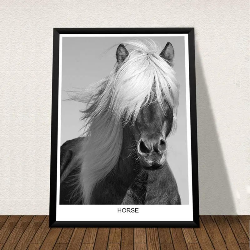 Tranh Canvas Scandinavian lá cây nhiệt đới và ngựa kết hợp chữ