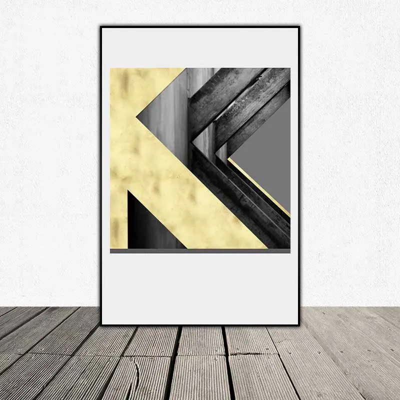 Tranh trừu tượng các đường thẳng và đường cong trắng đen kết hợp màu vàng kim