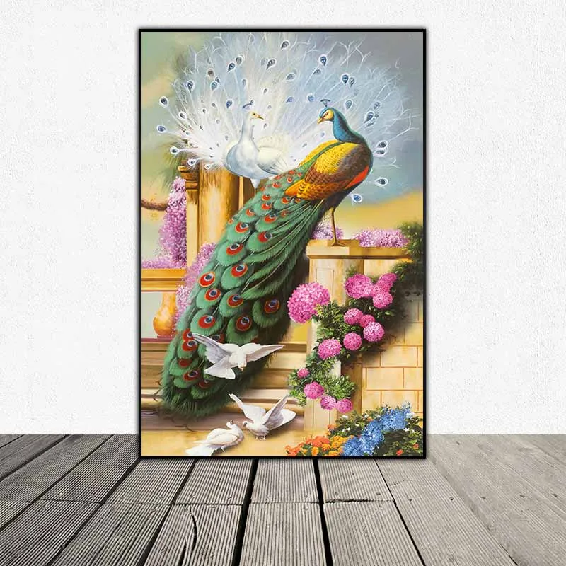 Tranh đôi chim công xanh và chim công trắng đang đứng trên cành cây