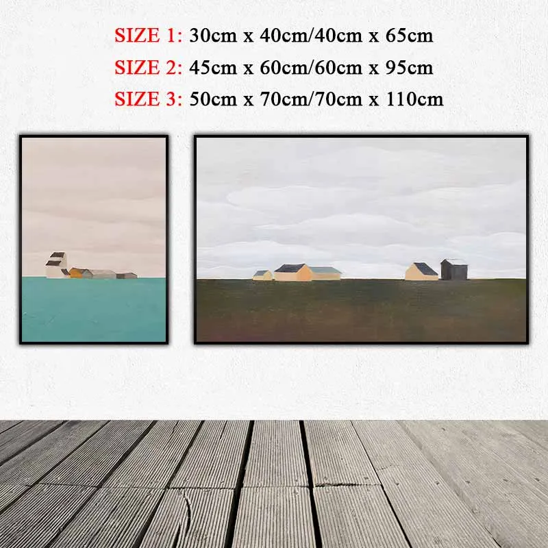 Tranh hiện đại tối giản những ngôi nhà nhỏ với màu sắc theo phong cách Morandi