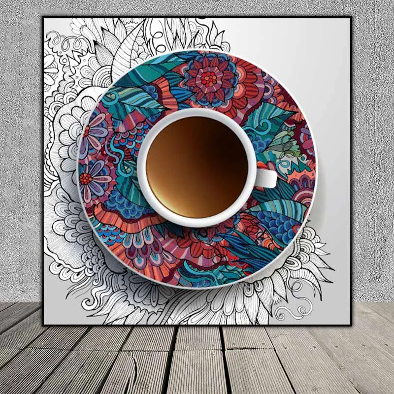 Tranh tách cà phê đặt trên đĩa trang trí hoa văn nhiều màu sắc treo quán cà phê
