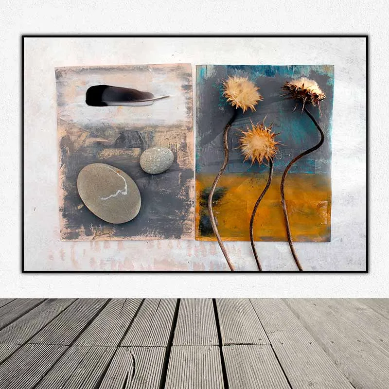 Tranh trừu tượng sắp đặt viên đá cuội, tổ chim, lông chim, lá phong khô