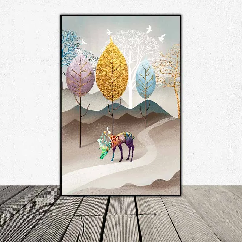 Tranh hươu nai cách điệu và rừng cây trừu tượng