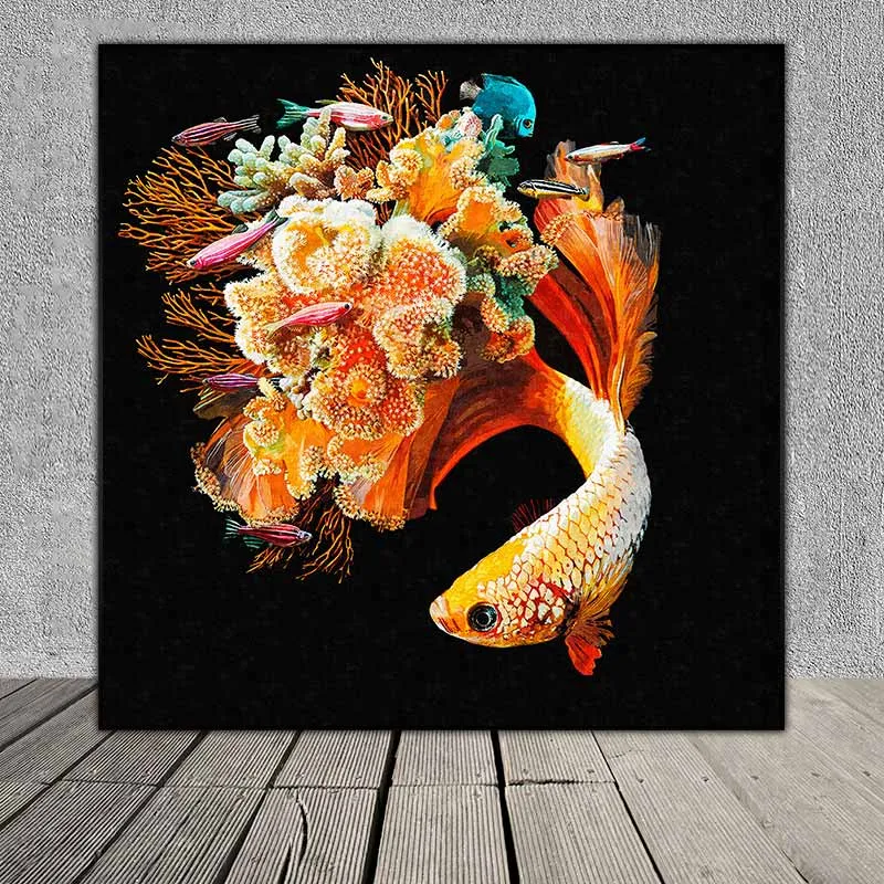 Tranh cá phướng, cá xiêm, cá đá, cá chọi, cá beta trừu tượng có đuôi là những rạn san hô