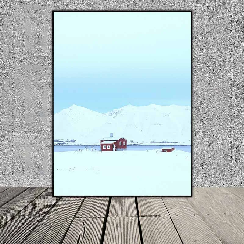 Tranh Scandinavian xe ô tô trên bãi biển, cây xương rồng và ngôi nhà trên tuyết