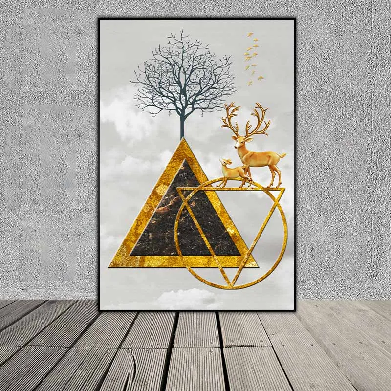 Tranh trừu tượng các khối hình học tam giác, hình tròn và đàn nai cách điệu