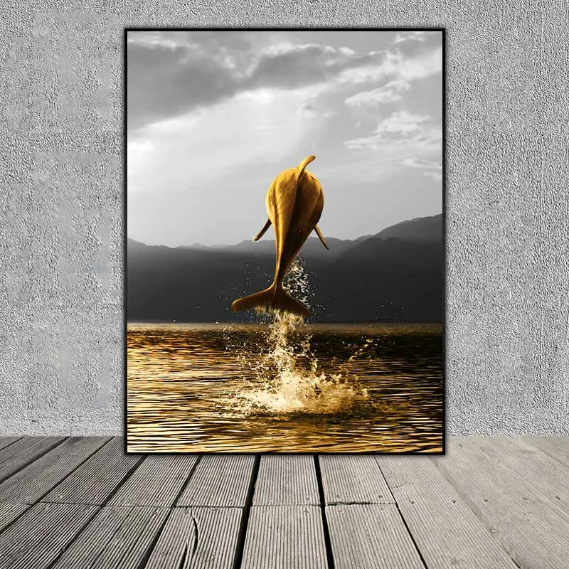 Tranh Scandinavian cá heo và thuyền buồm vàng