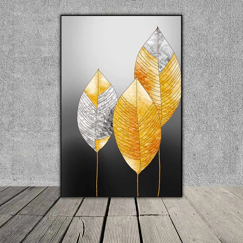 Tranh trắng đen và những chiết lá vàng trừu tượng