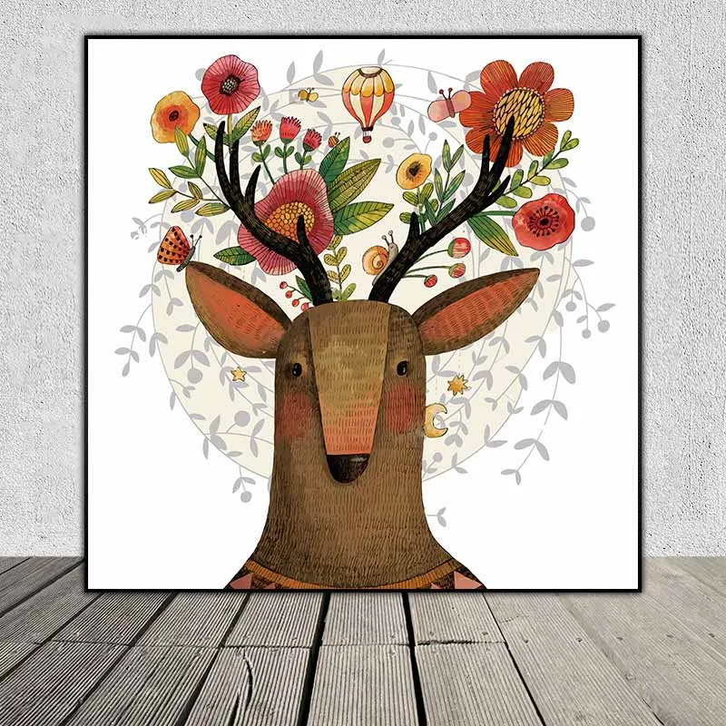 Tranh đầu hươu nai trừu tượng với những bông hoa trên sừng
