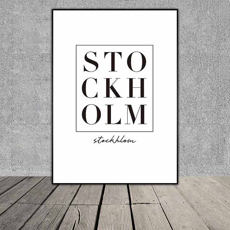 Tranh Scandinavian phong cảnh rừng, cảnh biển, con thuyền và chữ Stockholm