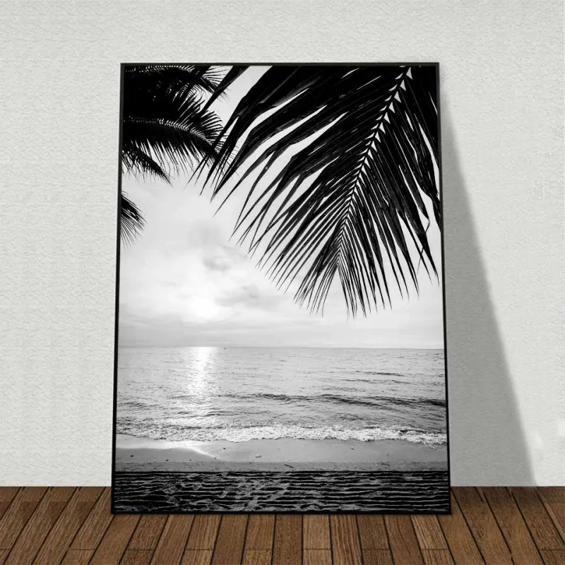 Tranh canvas phong cảnh Scandinavian biển và lá dừa kết hợp với chữ collect moments, not things