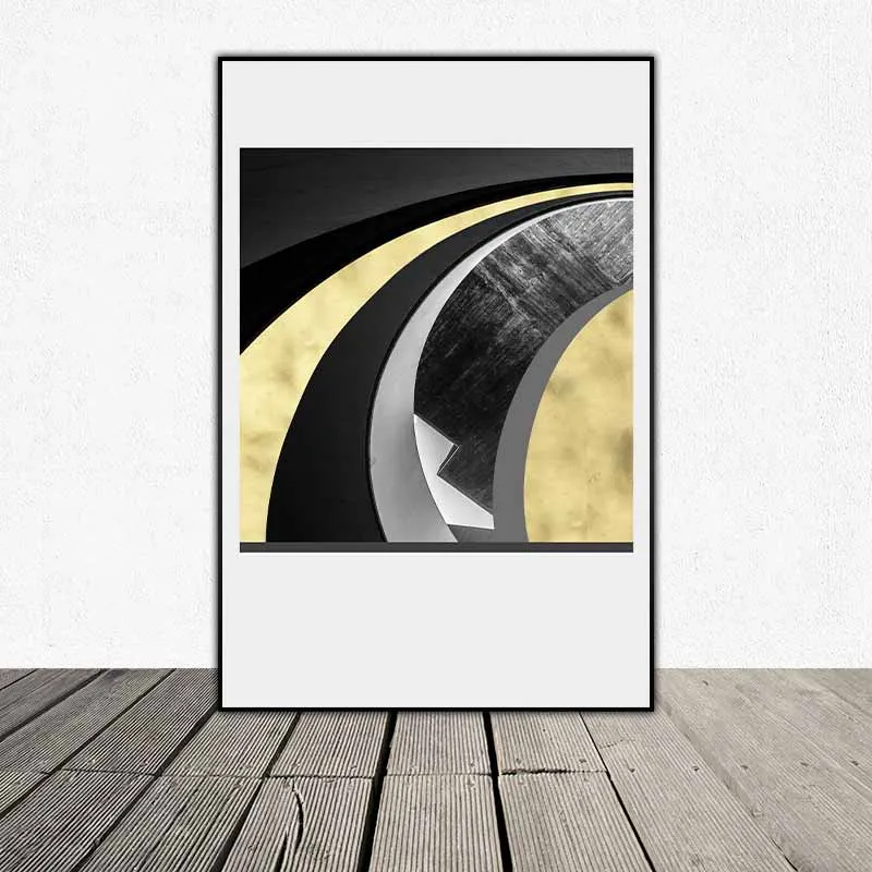 Tranh trừu tượng các đường thẳng và đường cong trắng đen kết hợp màu vàng kim