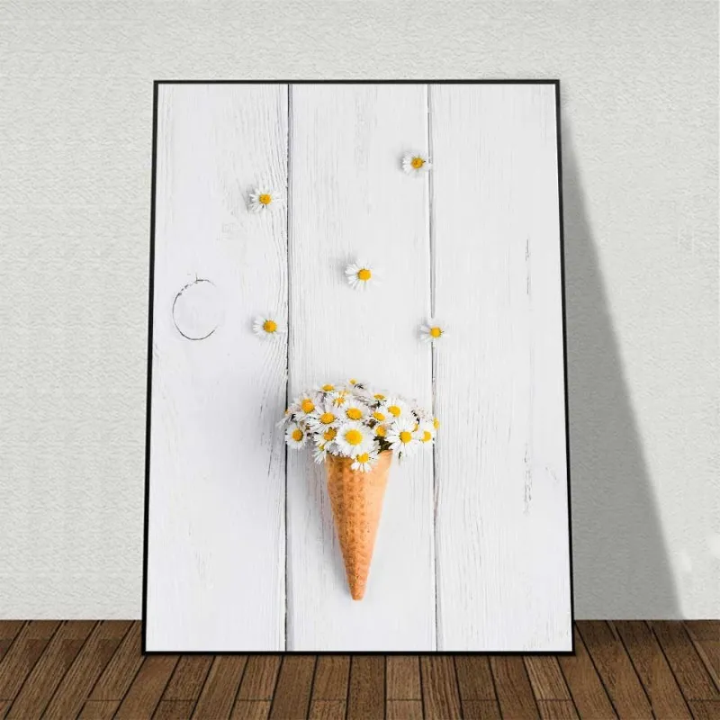 Tranh bộ hoa cúc trắng, hoa hướng dương kết hợp chữ