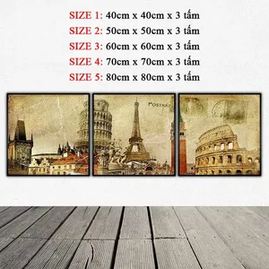 Tranh kiến trúc nổi tiếng Thế giới, tháp nghiêng Pisa, tháp Eiffel, tháp Big Ben và Đấu trường La Mã