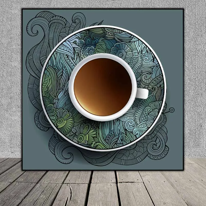 Tranh tách cà phê đặt trên đĩa trang trí hoa văn nhiều màu sắc treo quán cà phê