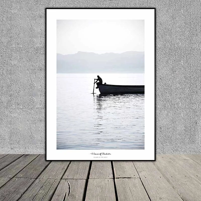 Tranh Scandinavian phong cảnh rừng, cảnh biển, con thuyền và chữ Stockholm