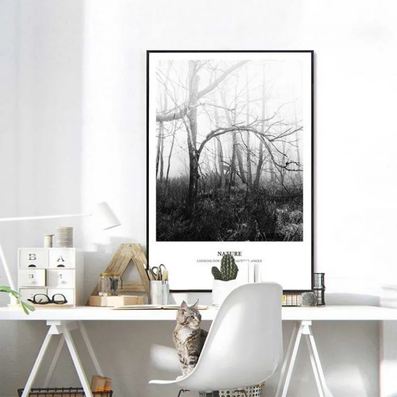 Tranh Scandianvian phong cảnh rừng và voi đen trắng