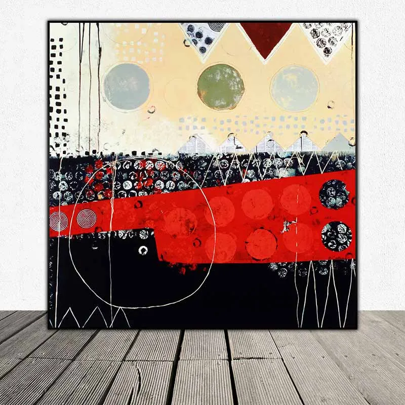 Tranh trừu tượng các khối hình học với tồng màu đỏ chủ đạo