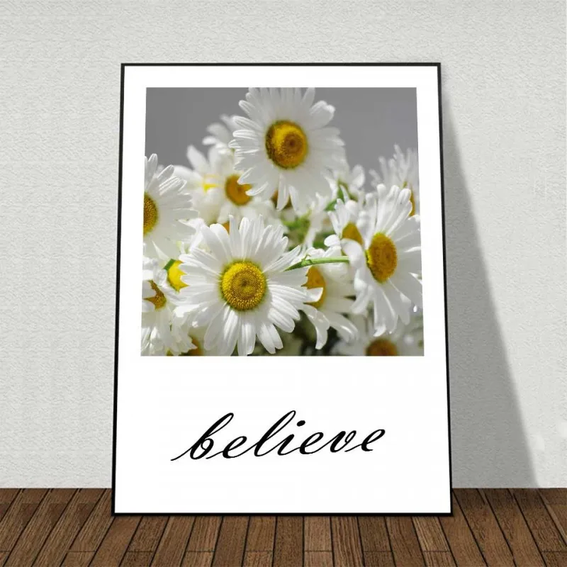 Tranh bộ hoa cúc trắng, hoa hướng dương kết hợp chữ